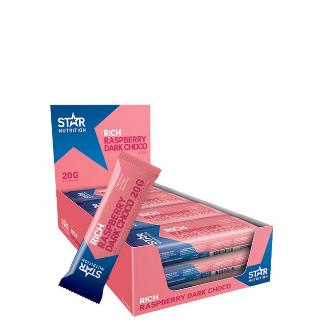 12 x Star Nutrition Protein Bar, 55g, Raspberry Dark Chocolate 12 x Proteinbar 55 g Raspberry Dark Chocolate (NEW)