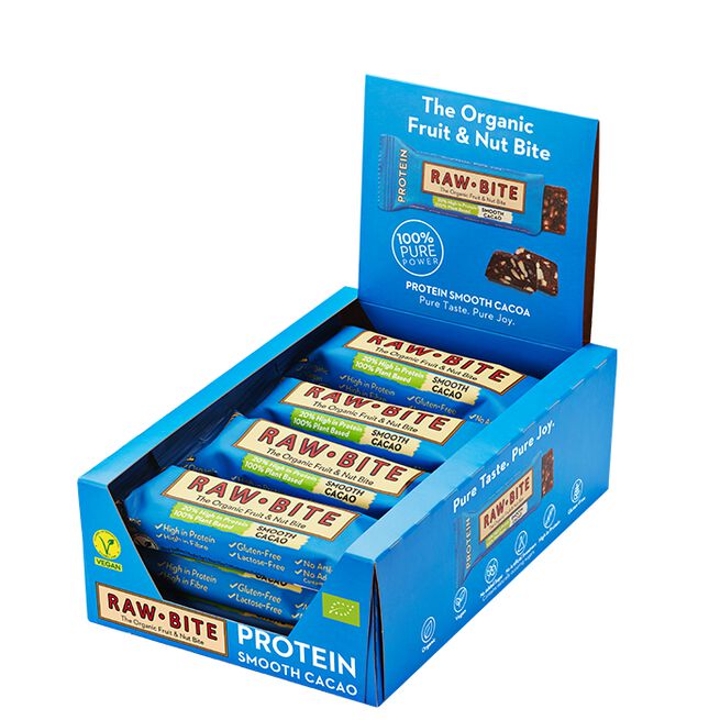 12 x Organic protein smooth cacao 45 g 12 x Frukt & Nötbar 50 g Protein/Kakao