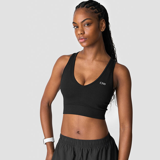 Ribbed Define Seamless Cropped V-neck Tank Top, Black Ribbat Seamless Croppad Träningstopp Svart
