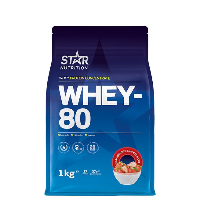 Star nutritio whey-80 protein shake Strawberry and milk Jordgubb mjölk Whey-80 Vassleprotein 1 kg Jordgubbar & Mjölk