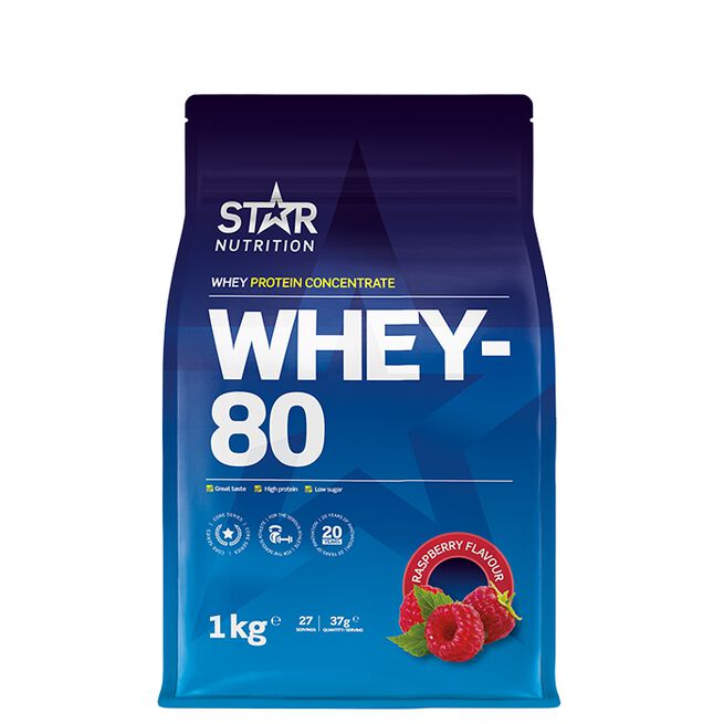 Star nutritio whey-80 protein shake Raspberry Whey-80 Vassleprotein 1 kg Hallon