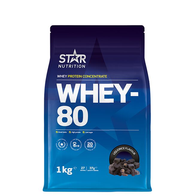 Star nutritio whey-80 protein shake Lakrits Liquorice Whey-80 Vassleprotein 1 kg Liquorice (Candy)