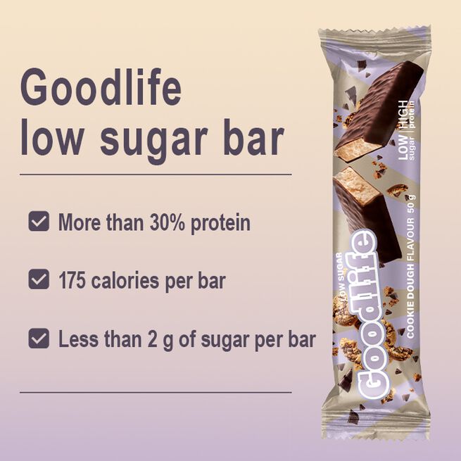 15 x Goodlife Low Sugar 50 g Cookie Dough  15 x Low Sugar Proteinbar 50 g Cookie Dough (NEW!)