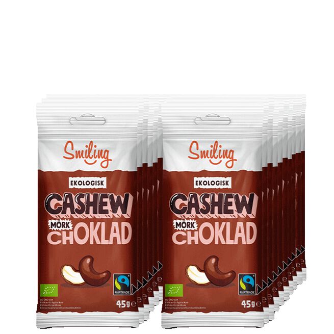 20 x Smiling Cashew Mörk Choklad, 45 g 20 x Naturgodis Cashewnötter 45 g Mörk Choklad