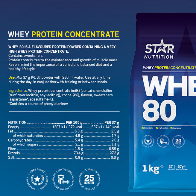 Whey-80, 1 kg, Double Rich Chocolate  Whey-80 Vassleprotein 1 kg Double Rich Chocolate