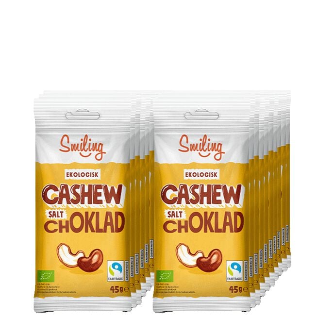 20 x Smiling Cashew Salt Choklad, 45 g  20 x Naturgodis Cashewnötter 45 g Salt Ljus Choklad