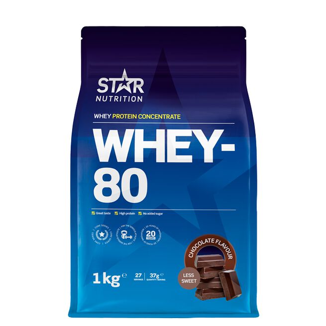 Whey-80, 1 kg, Chocolate (less sweet) Whey-80 Vassleprotein 1 kg Choklad (less sweet)