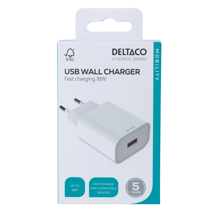 USB-v&auml;ggladdare 18W med 1x USB-A Vit