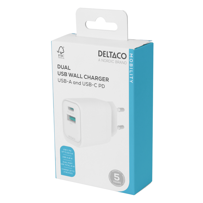 USB-v&auml;ggladdare med 1x USB-A 18W och 1x USB-C PD 20W Vit