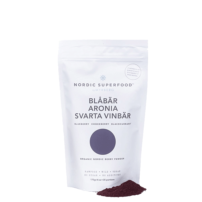 Bärpulver Blåbär Svarta vinbär Aronia 80 g Kort datum