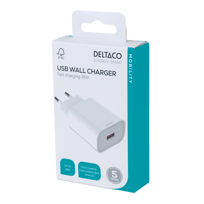 USB-v&auml;ggladdare 18W med 1x USB-A Vit