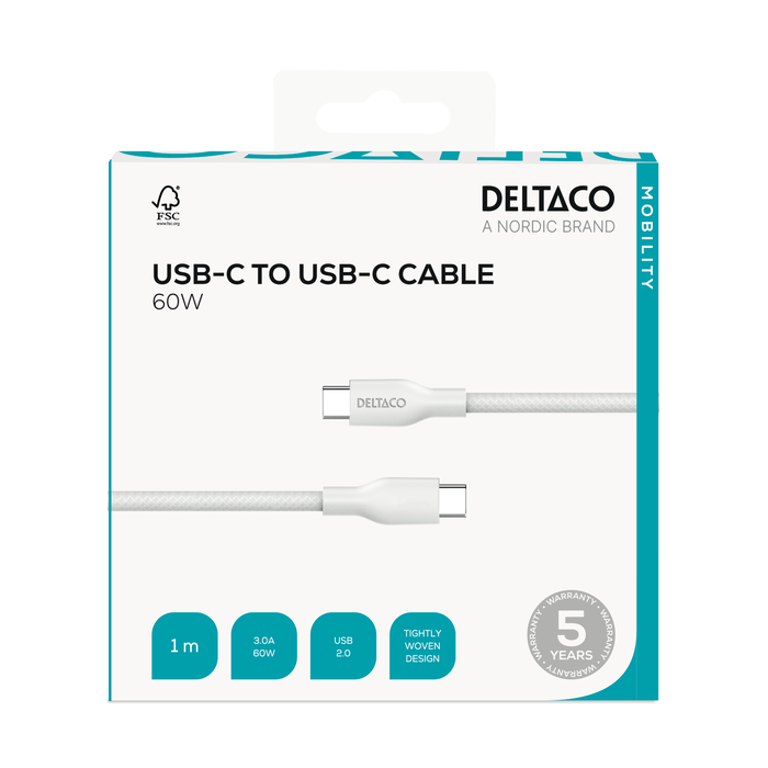 USB-C till USB-C Fl&auml;tad Laddningskabel 60W 1 m Vit