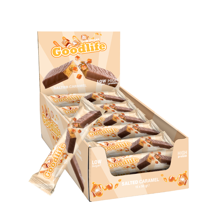 15 x Goodlife Low Sugar,50 g,Salted Caramel Kort Datum