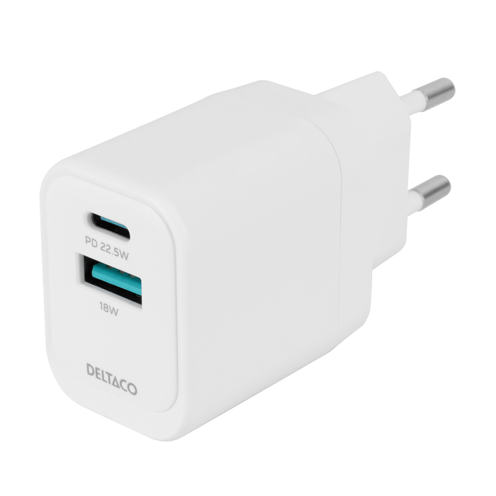 USB-väggladdare med 1x USB-A 18W och 1x USB-C PD 20W Vit